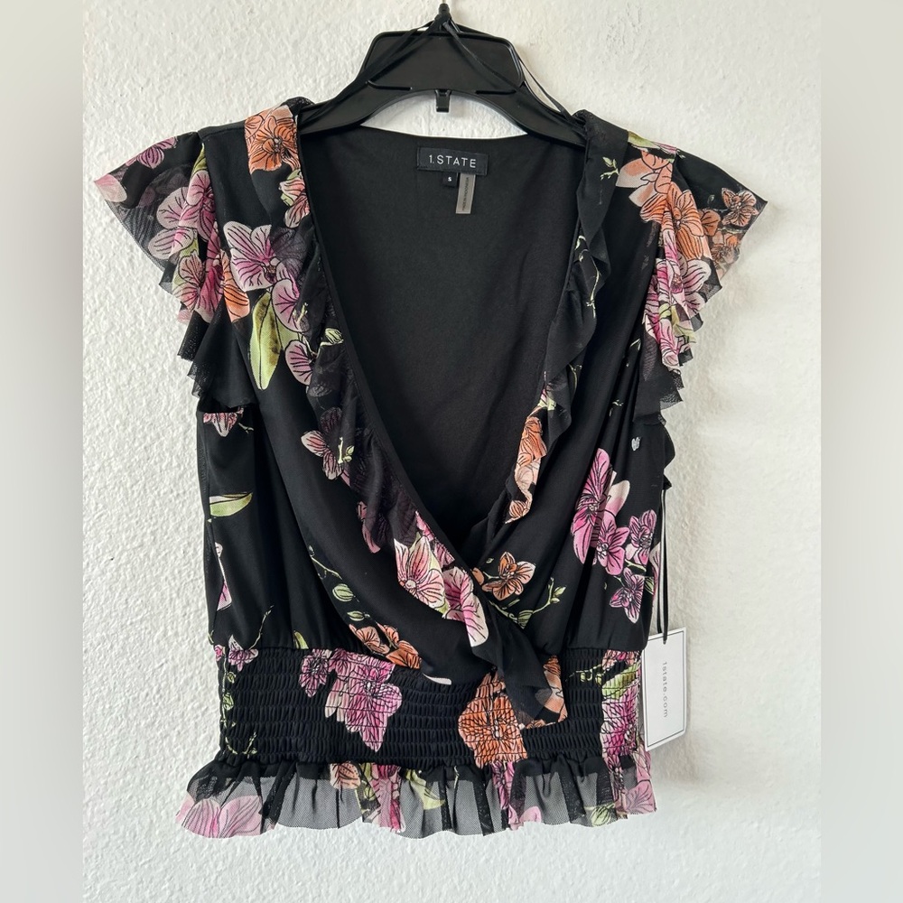 1 State Black Floral Print Blouse Size S